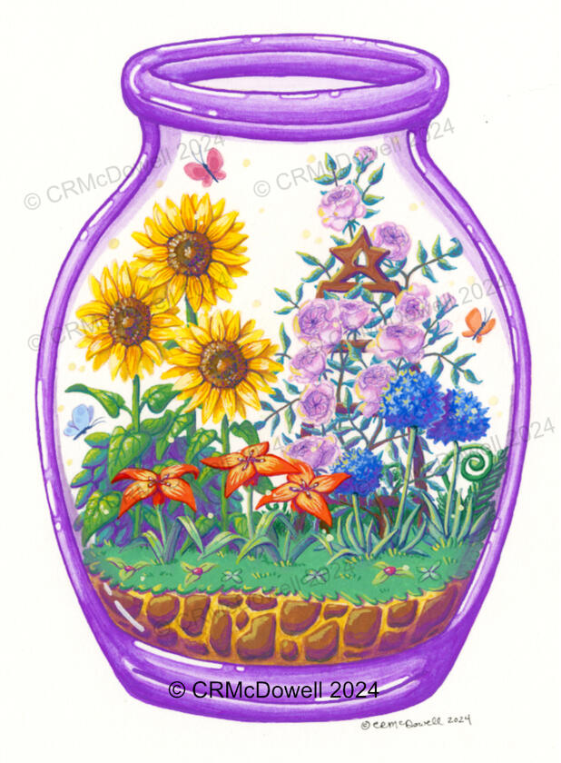 A purple glass terrarium with various plants including roses, sunflowers, alliums, and lilies inspired by the Stardew Valley video game.