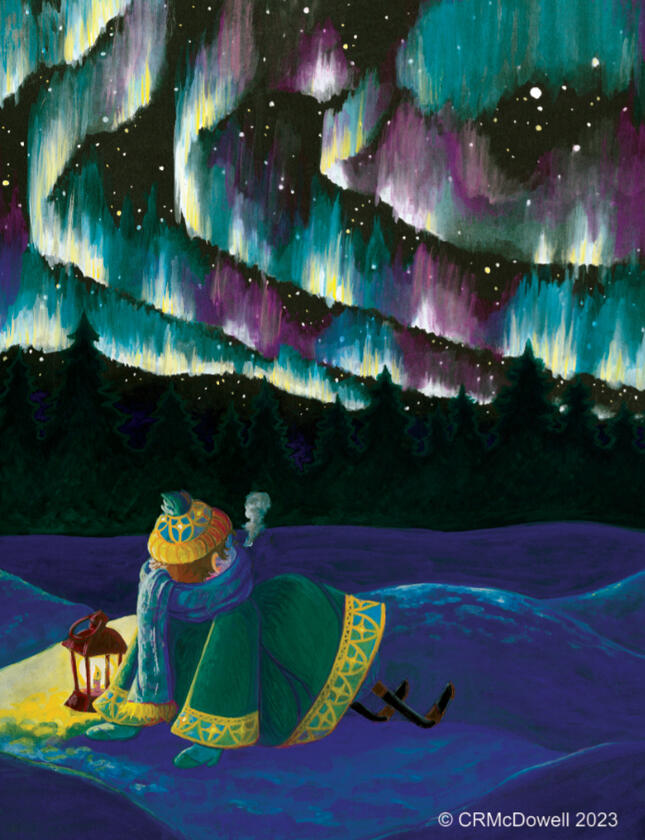 A lone figure sitting in dark snow looking up at the aurora borealis over a line of pine trees.