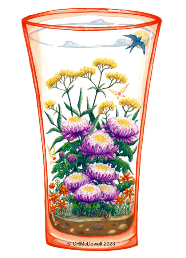 A orange sake vessel terrarium that has purple and white chrysanthemums, yellow ominaeshi flowers, and orange cosmos. Also has hanafuda style swallow over the moon with clouds and tiny fairies and a tiny snail.